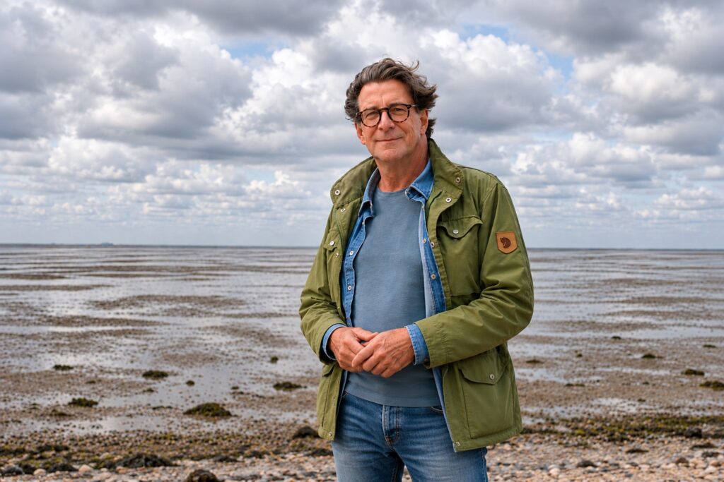 Rufus Steinkrauss am Wattenmeer, Watt und Wolkenhimmel im Hintergrund